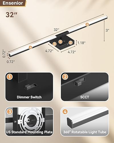 Miniatura 6 de Ensenior Moderna lámpara de tocador de baño de 32 pulgadas, atenuador incorporado, 18.5 W regulable 5CCT luces de baño, luz de tocador de barra