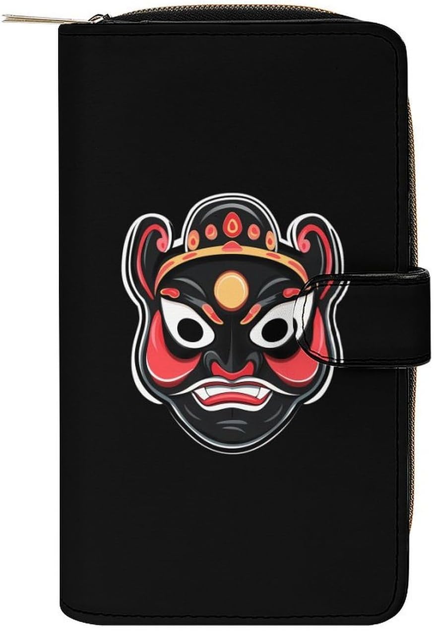 Chinese Beijing Opera Facial Mask Oriental Women's Long Wallet Leather Large Capacity Wristlet Clutch Purse Wallets