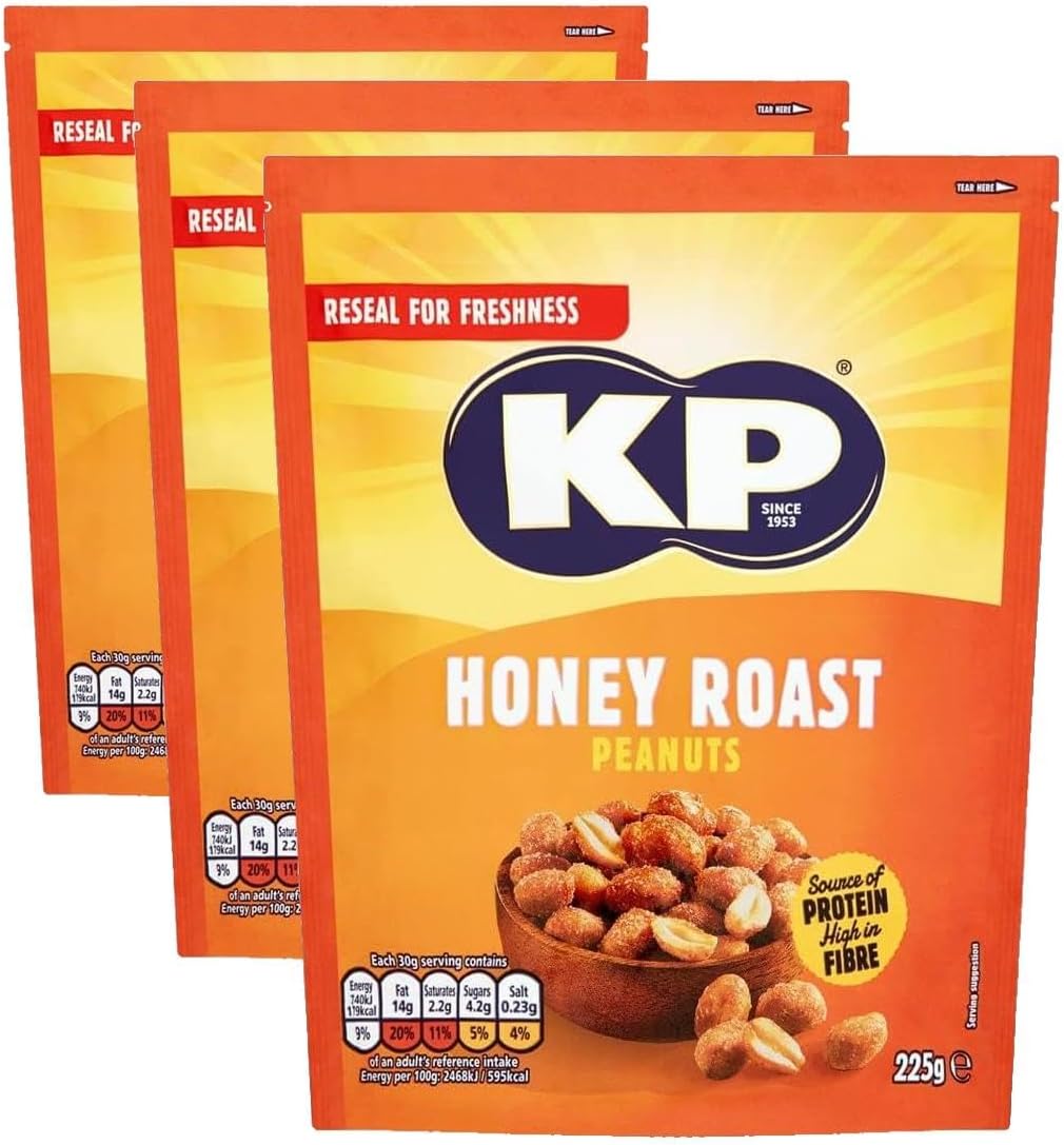 KP Nuts Share Bag of Honey Roast Flavoured Peanuts, 225g (Pack of 3)