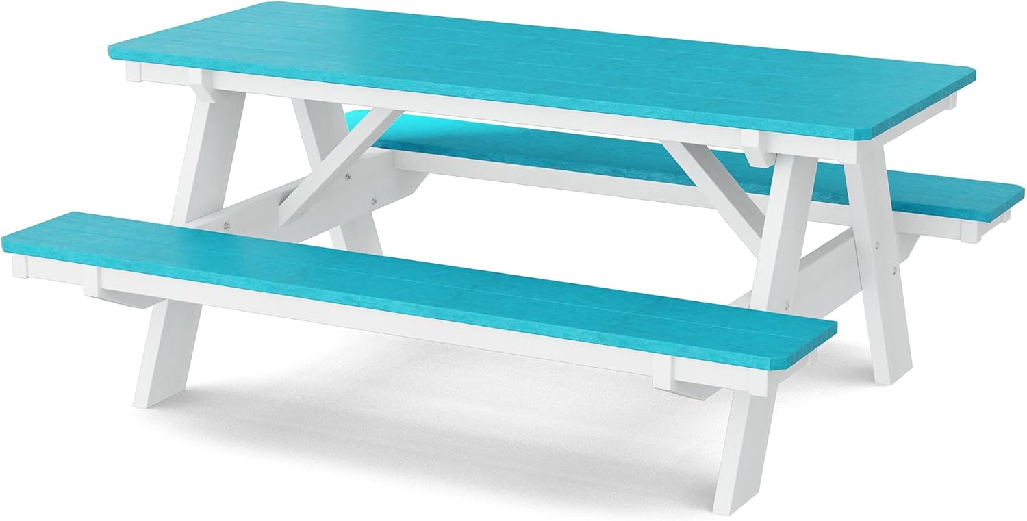 Wildridge Heritage 72 in. Picnic Table with Attached Benches, Aruba Blue and White - Outdoor Weather Resistant HDPE Picnic Table for Patio, Porch, Deck, Lawn