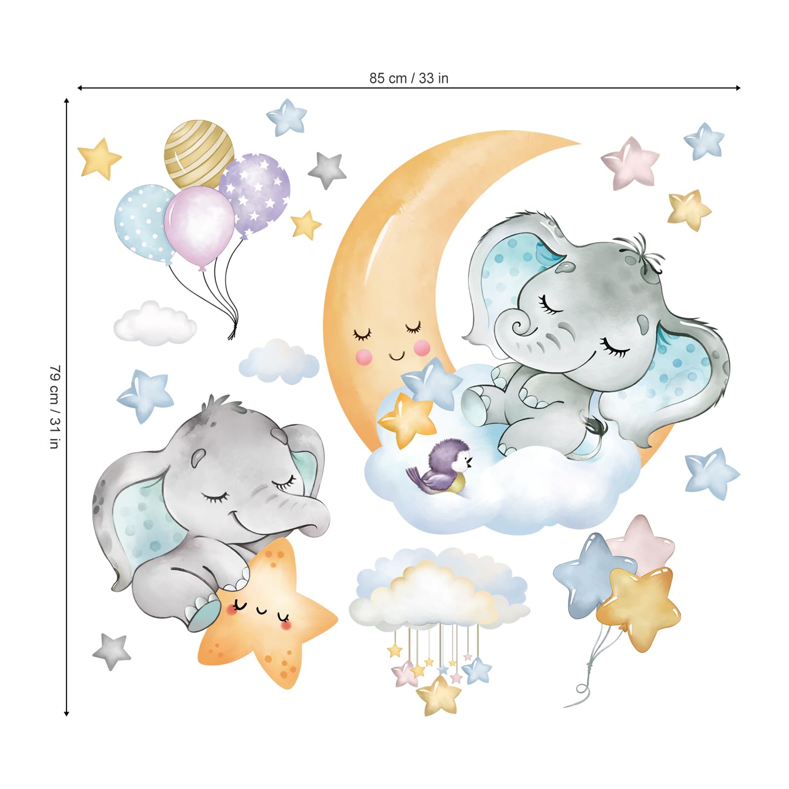 Pegatinas de Pared de Lunas Estrellas y Nubes de Dibujos Animados Vinilos para Pared de Elefantes Globos y Animales Vinilos Eliminables para Decoraciones del Hogar