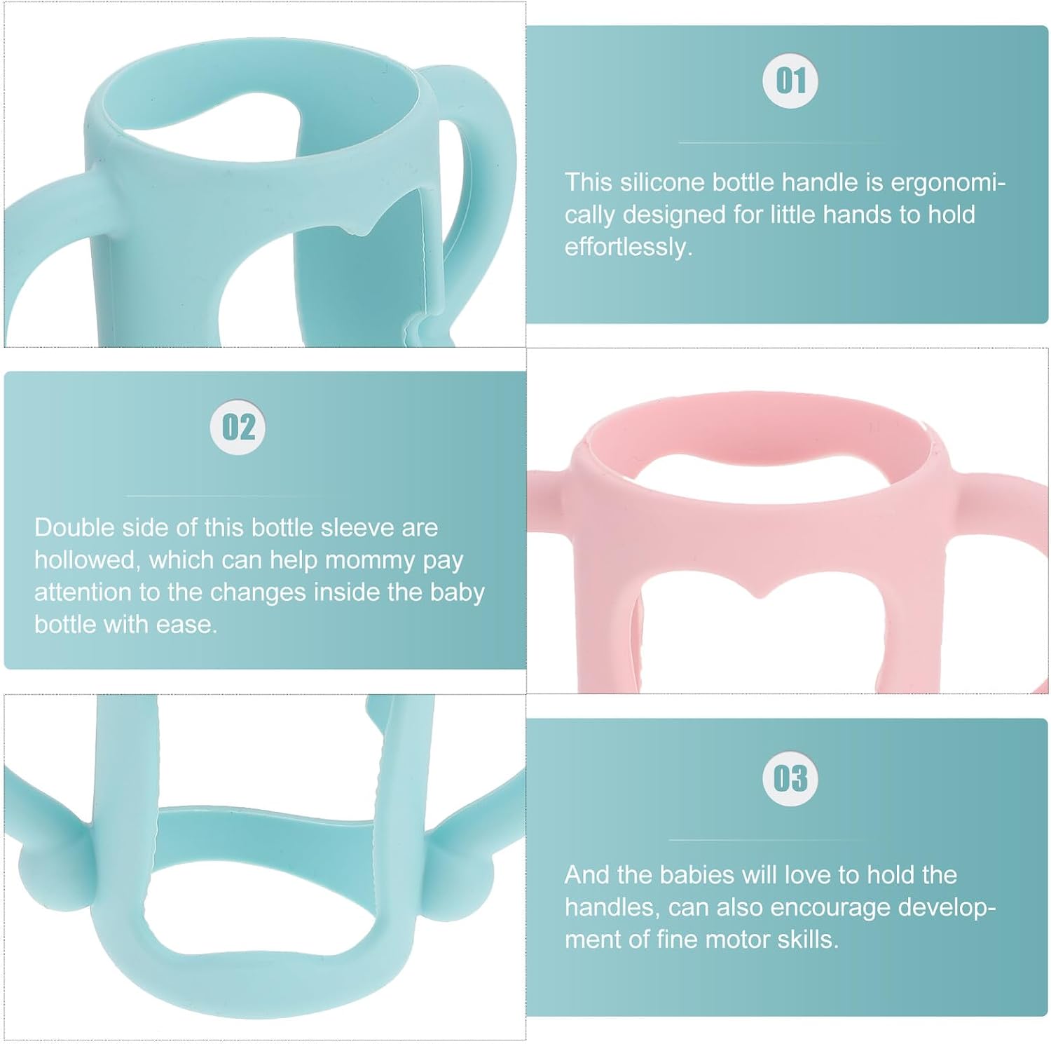 2Pcs Food Grade Silicone Bottle Handles Non-Slip Ergonomic Grip for Newborns Compatible with Wide-Neck Water and Feeding Bottles Adorable Pink and Light Blue Design