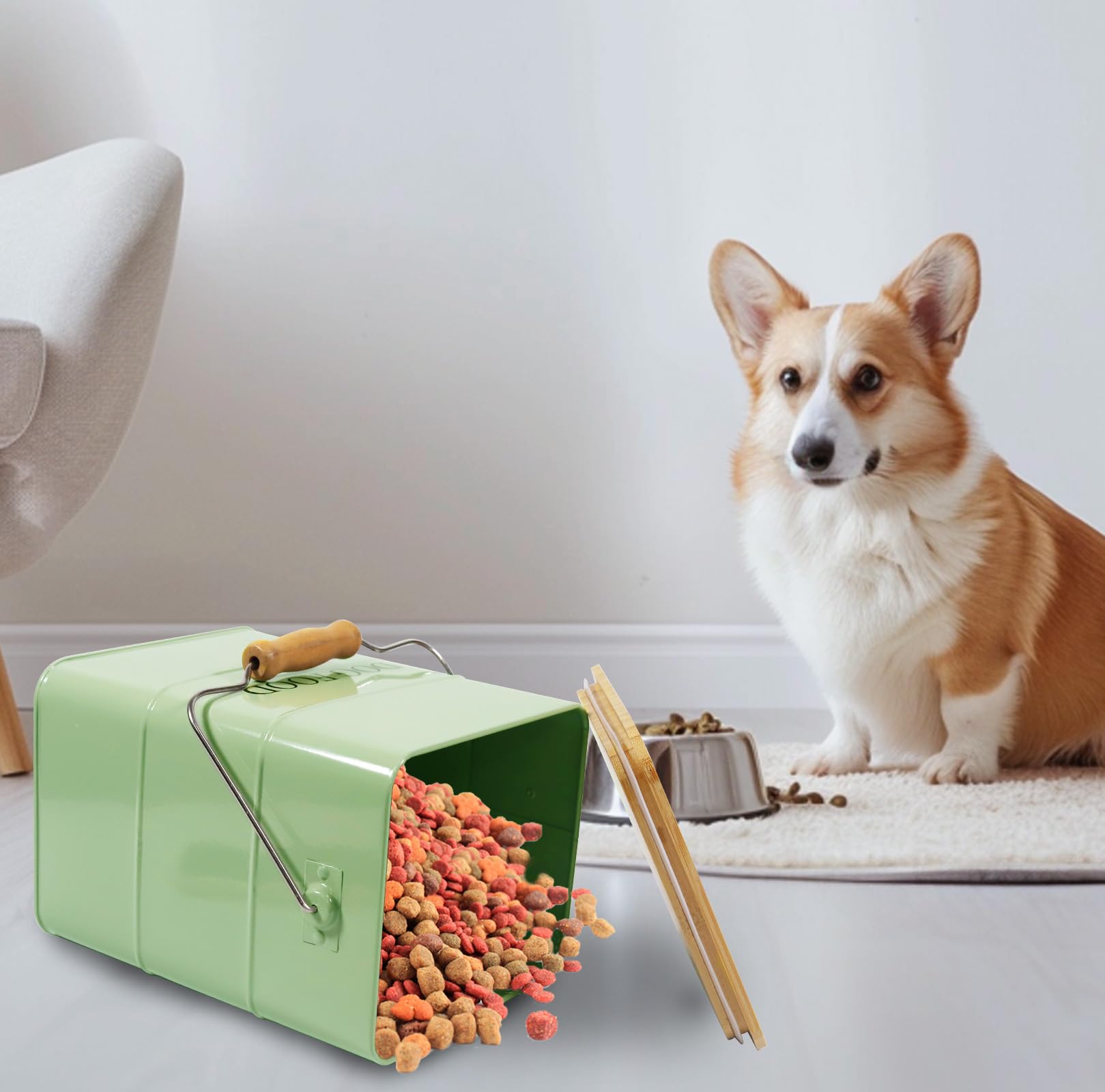 Boîte de rangement en métal pour chien - 6 l - Avec couvercle en bois, poignée et pelle - Boîte de conservation hermétique pour nourriture sèche et collations - Boîte à friandises - Vert armée
