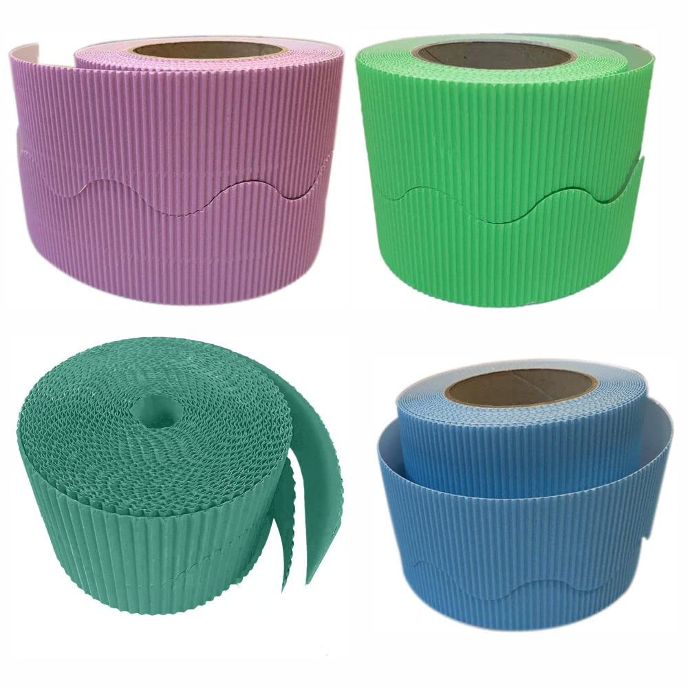 3 Ace Crafts (Pack of 4) Corrugated Display Border Roll (Peppermint, Sky Blue, Lilac, Pale Green)- (57mm x 15m)- Office/School, Classroom Decoration, Scalloped Edge Roll, Crown Making — image 1