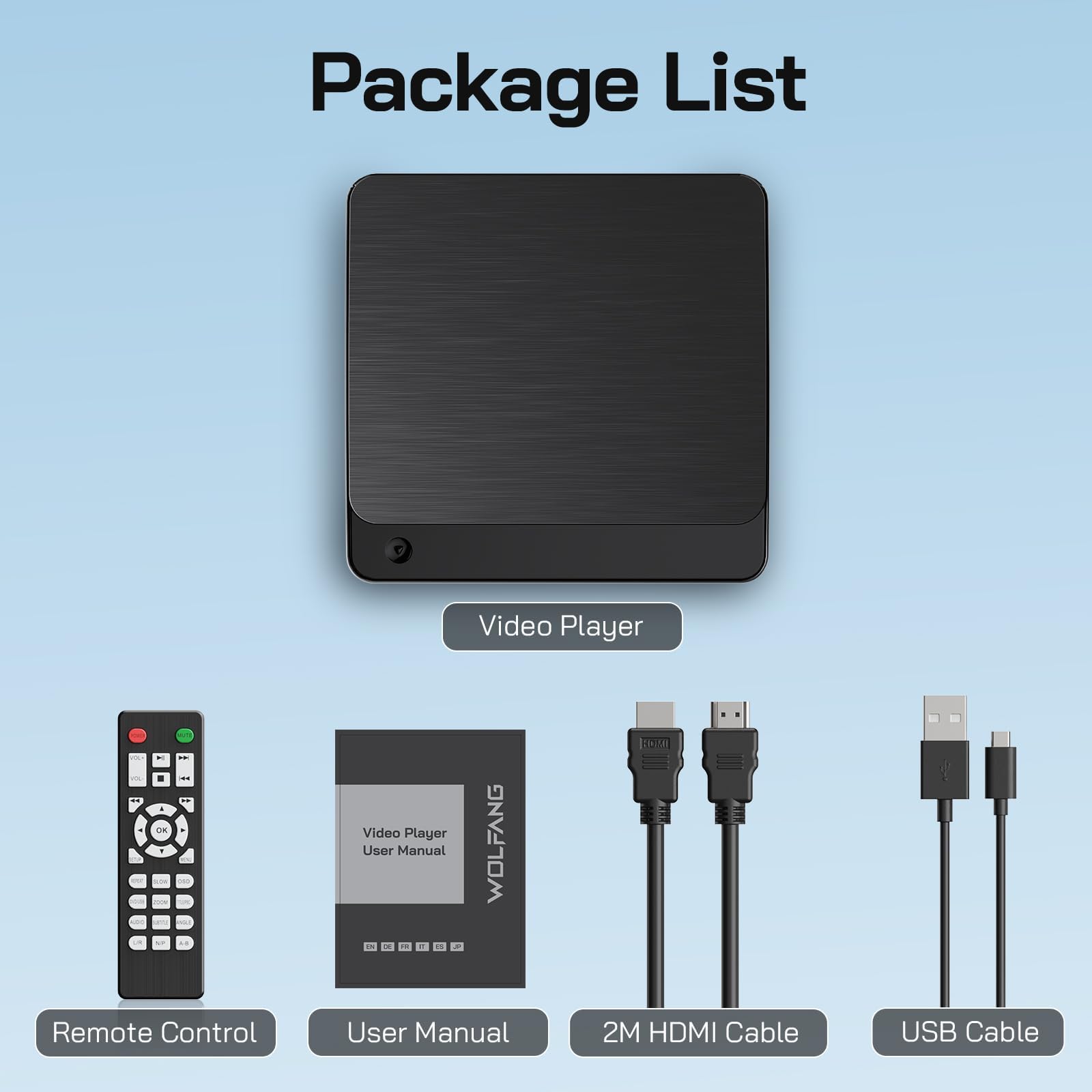 WOLFANG Lecteur DVD pour TV avec HDMI, Full HD Multi-région, télécommande et câble de Type C, Lecteur CD pour système stéréo Domestique, Port USB