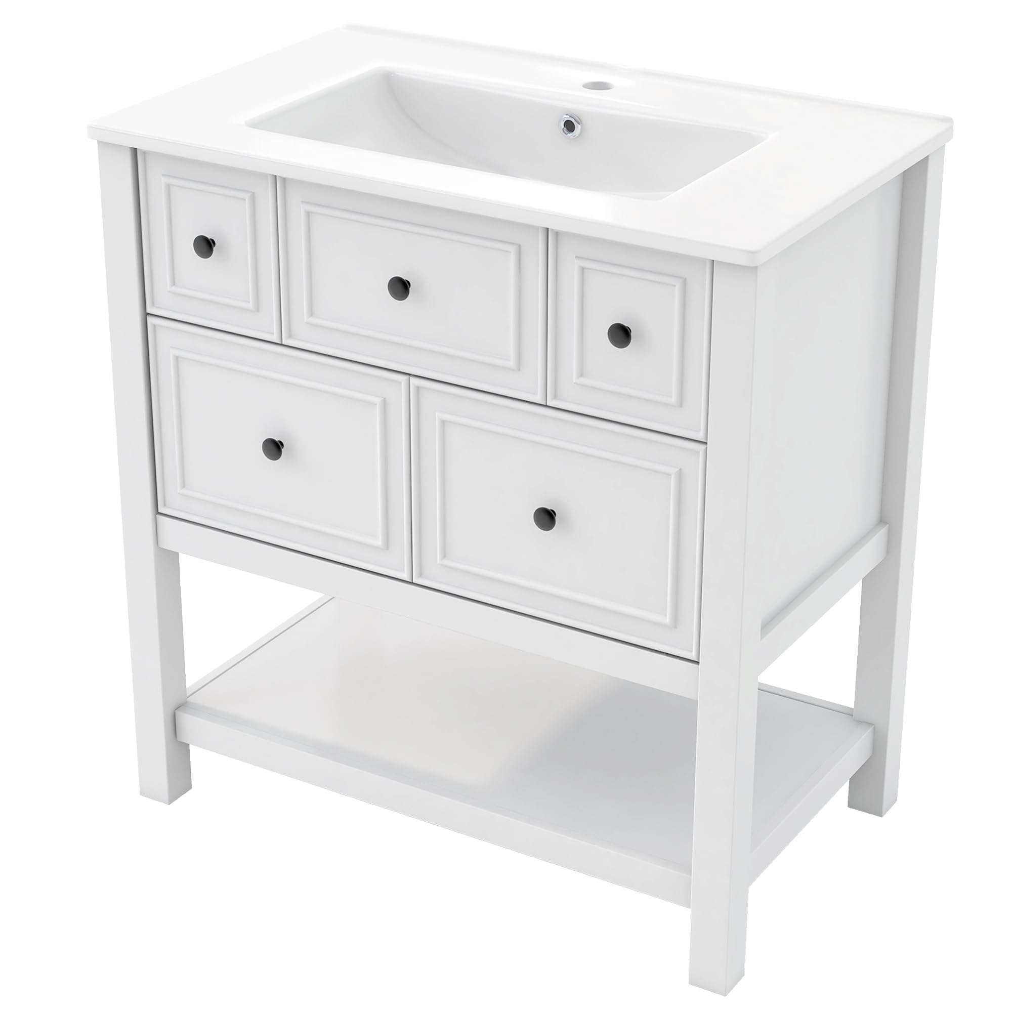 Mobile sottolavabo bianco con lavabo in ceramica, 76 cm, autoportante, con 5 cassetti e ripiano aperto, per bagno di casa e WC degli ospiti