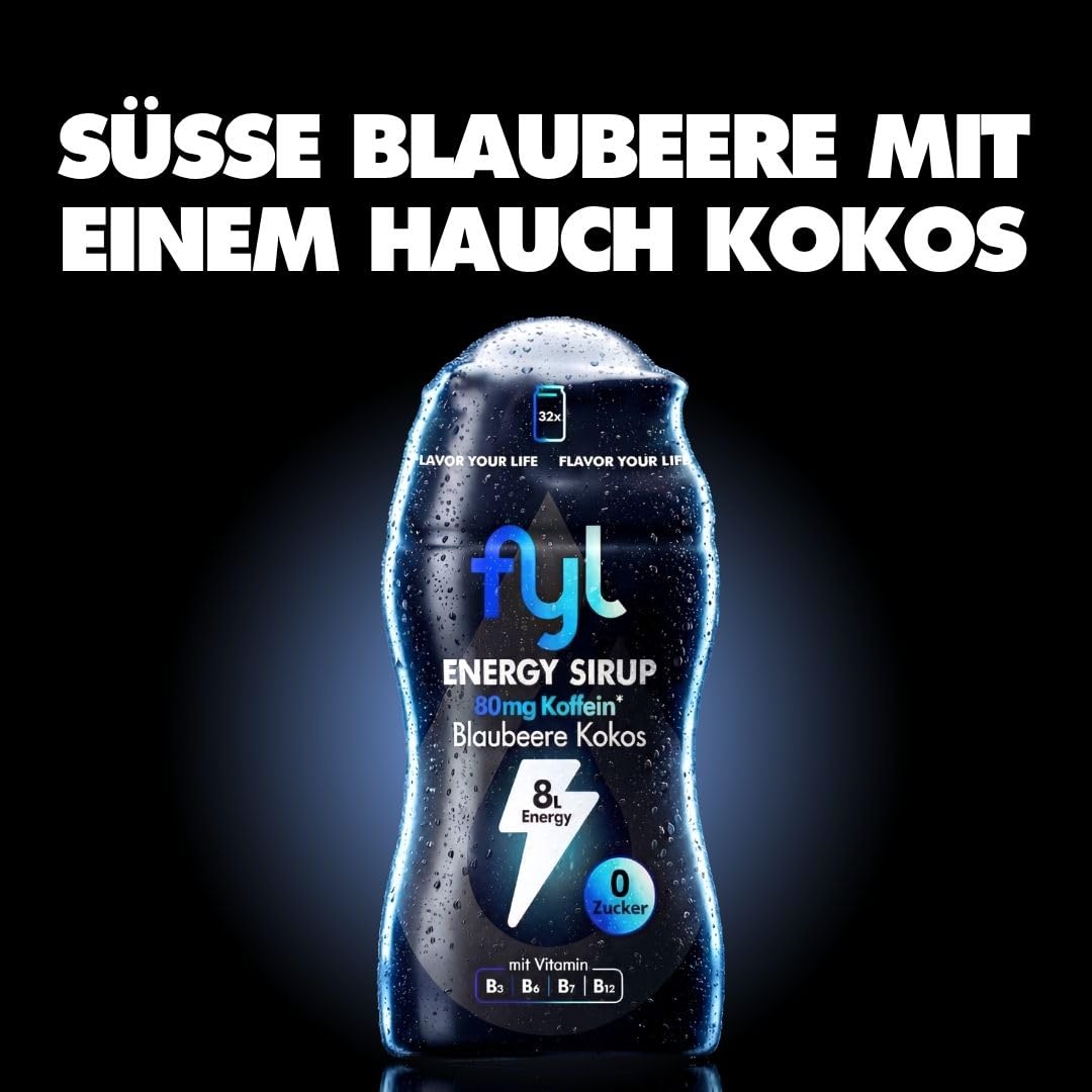 fyl Energy Sirup Zuckerfrei Blaubeere Kokos 65ml – bis zu 8l Energy Drink, Zero Zucker, mit Koffein & Vitamin B Komplex, kalorienarm, ohne Taurin, Getränkekonzentrat