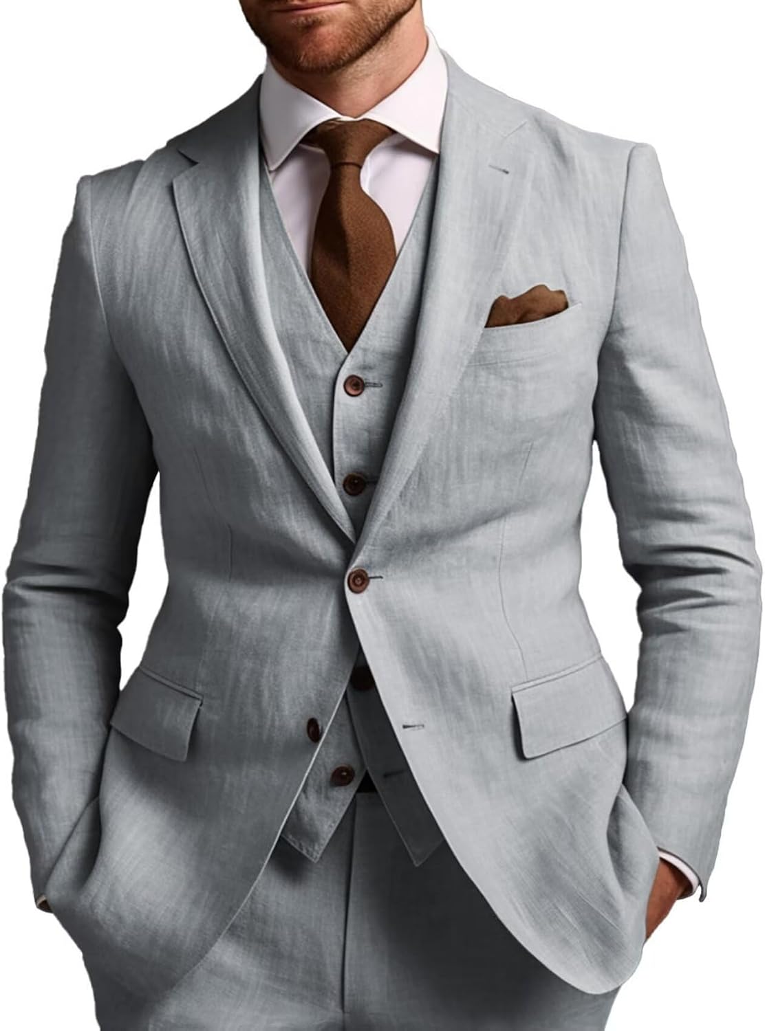 Yarizm Men's Summer Regular Fit Formal Suits 3 Piece Beach Tuxedos Linen Notch Lapel Jacket Vest Pants for Wedding Prom