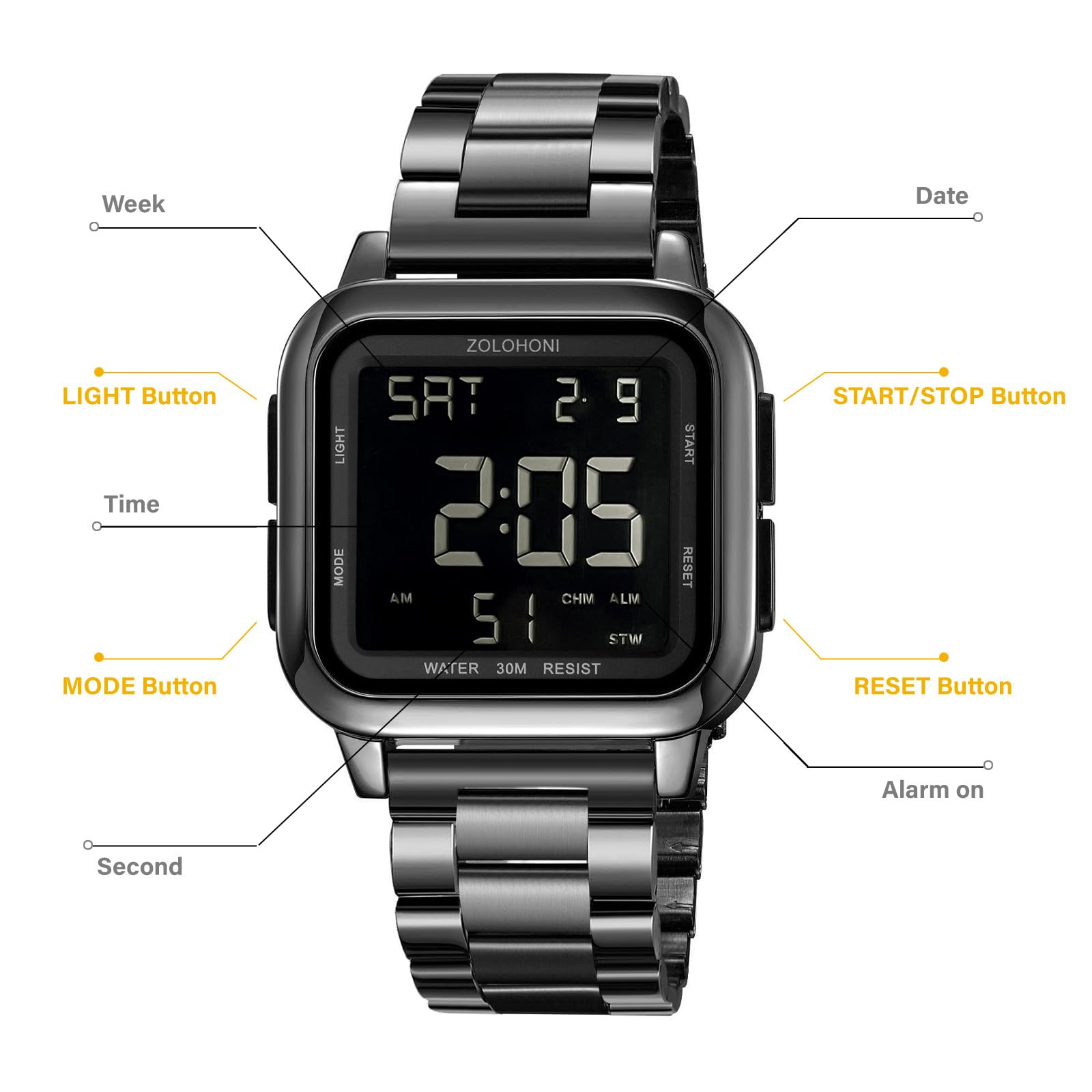 Orologio digitale quadrato da uomo, quadrante con numeri grandi, quadrante grande, impermeabile, a LED, con sveglia, data, cronometro