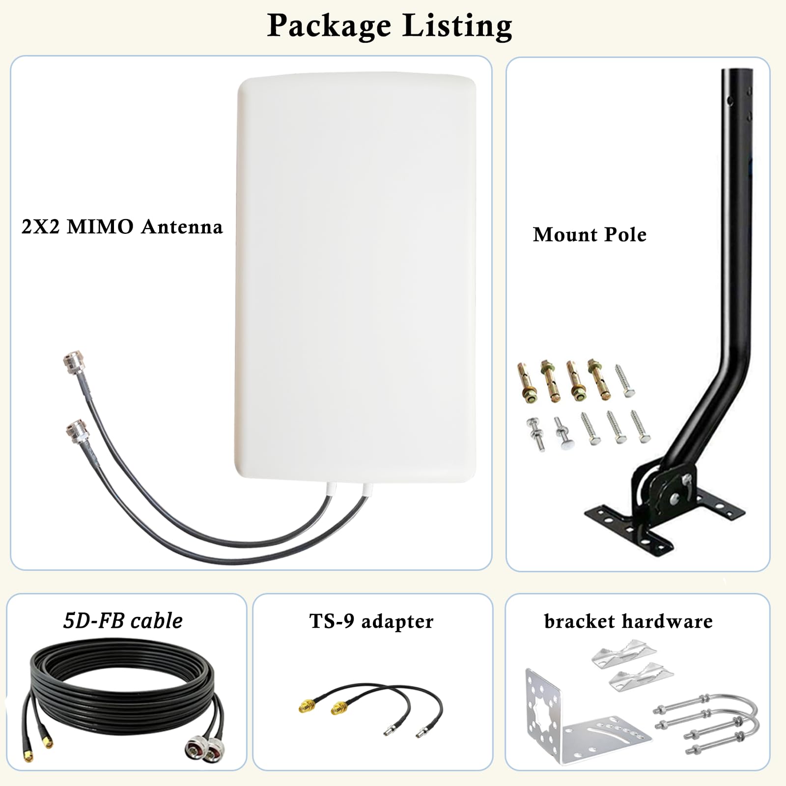 Antenne de routeur MIMO 4G LTE 2 x 2 5G pour Tmobile Verizon AT&T, antenne cellulaire extérieure SMA TS9 5G pour hotspots cellulaires/routeur, 600-6000 MHz 10dBi 10 m câble/poteau (kit)