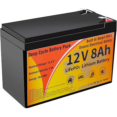 12V 8Ah LiFePO4 Lithium Battery, LiFePO4 Battery Built-in BMS, 4000+ Deep Cycles 8Ah Lithium Iron Phosphate Batterys Waterproof for Solar, Small UPS, Power Wheels, Fish Finder, Camping