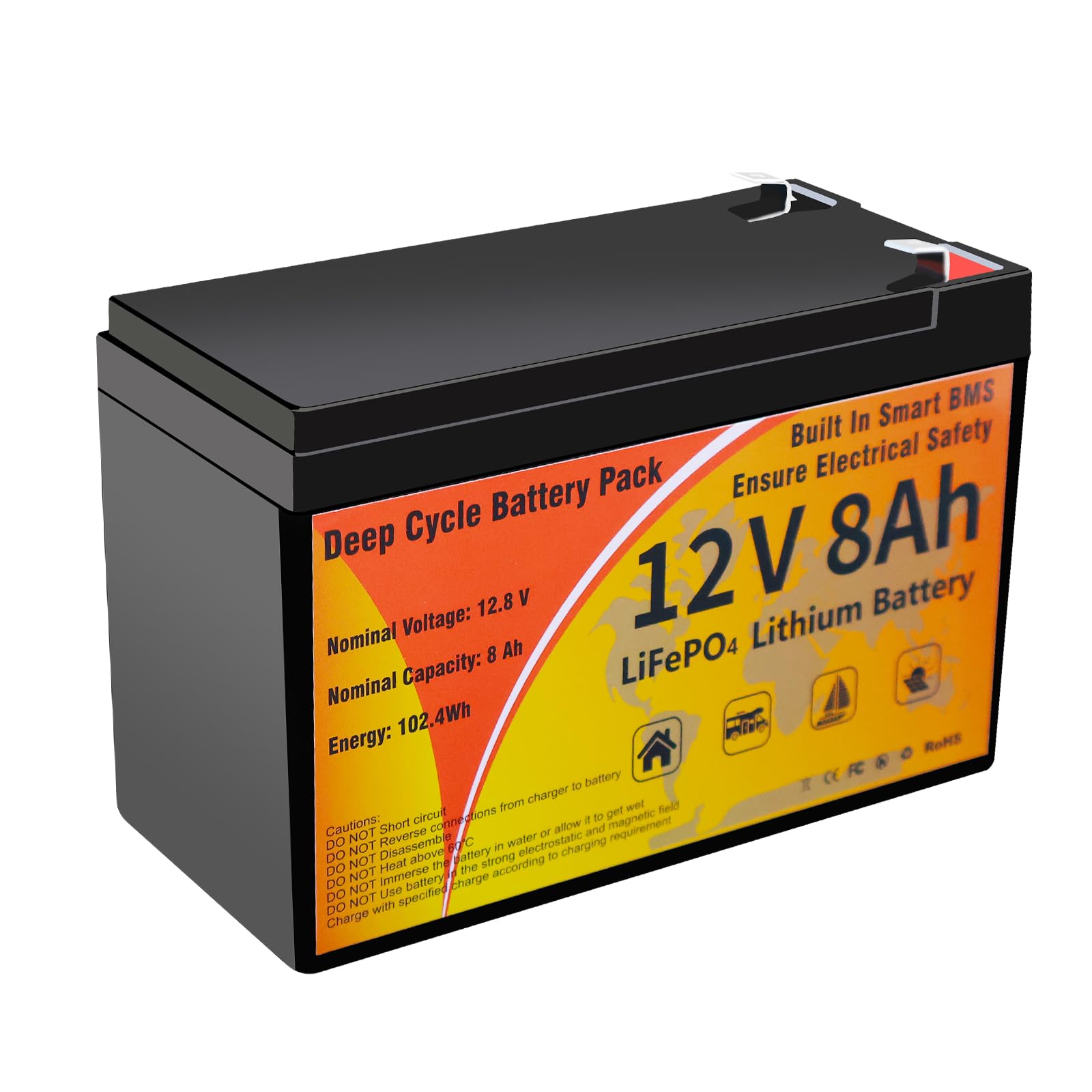 VEMDIA 12V 8Ah LiFePO4 Lithium Battery, LiFePO4 Battery 5000+ Deep Cycles 8Ah Lithium Iron Phosphate Batterys IP67 Waterproof for Solar, Small UPS, Power Wheels, Fish Finder, Camping