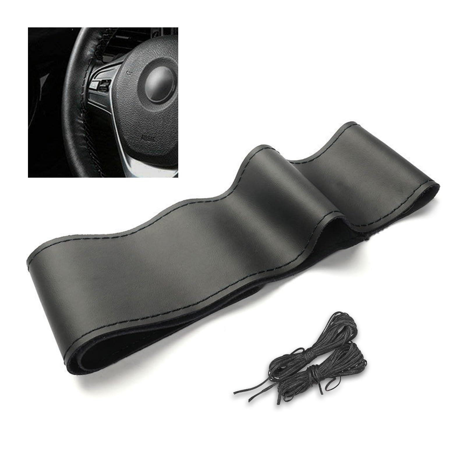 Ziciner DIY Leather Steering Wheel Cover - Stitch On, Breathable, Anti-Slip, Fits Up To 15" Diameter