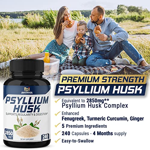Premium Psyllium Husk Capsules 2850Mg - 4 Months Supply - Fenugreek, Turmeric, Ginger - Supports Digestive Health And Regularity - 240 Capsules #TOP3