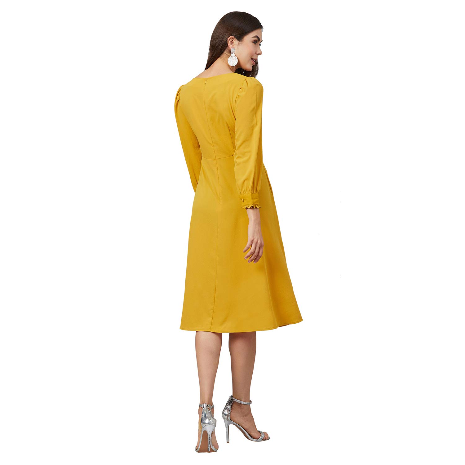 Rare Women's Polyester Fit And Flare Midi Casual Dress (Ep6210_Yellow_S)
