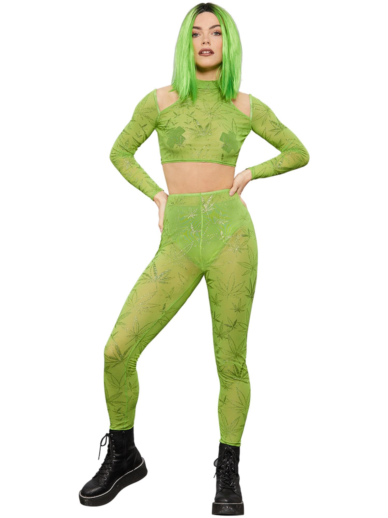 Smiffys Fever Cannabis Sheer Crop Top & Leggings with Glitter Print, Fever Fancy Dress, Fever Dress Up Costumes