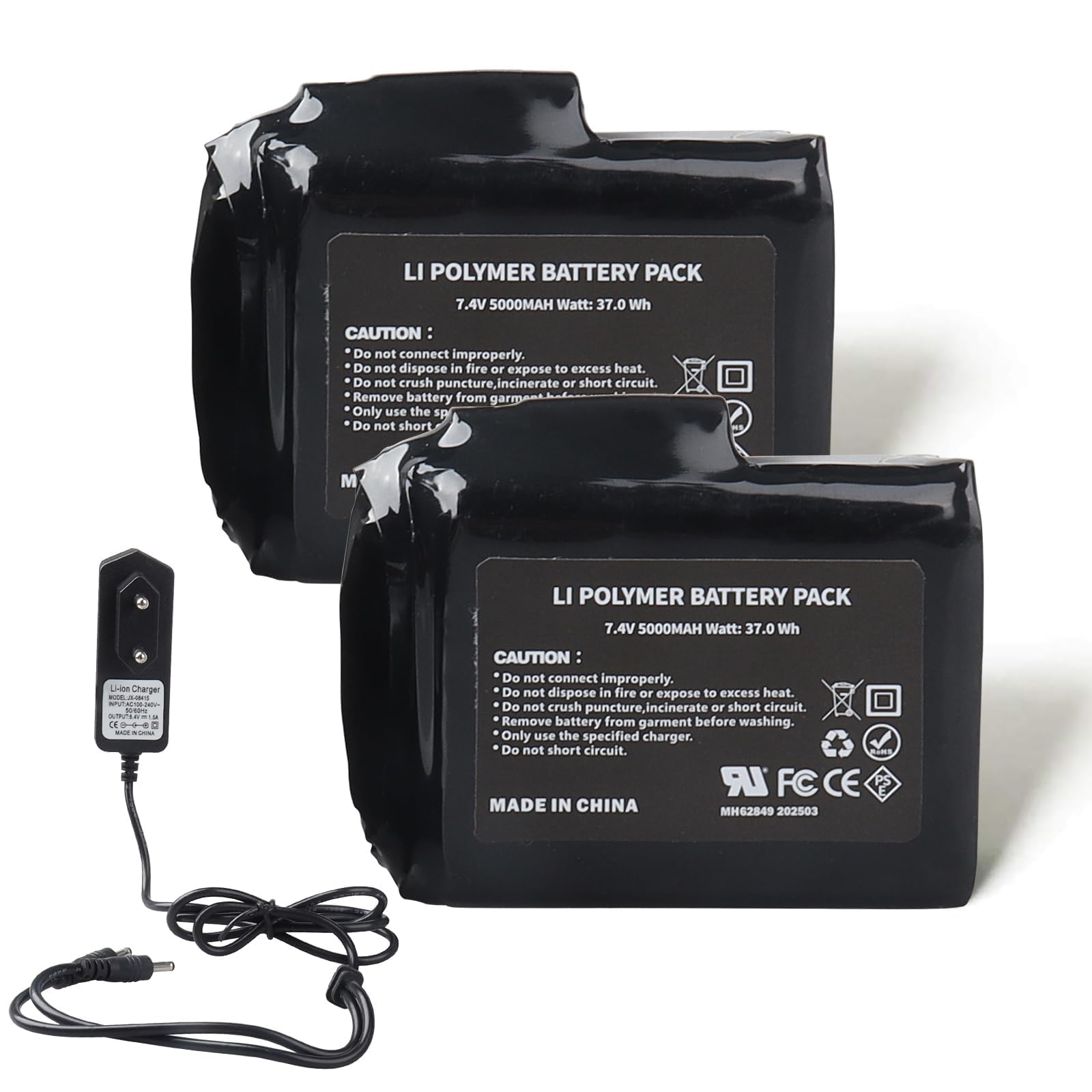 Lot de 2 Batteries Lithium-polymère Rechargeables 7,4 V 5 000 mAh 37 Wh avec Chargeur pour Gants Chauffants,Chaussettes chauffantes,Bonnets Chauffants, cagoules chauffantes,Semelles chauffantes