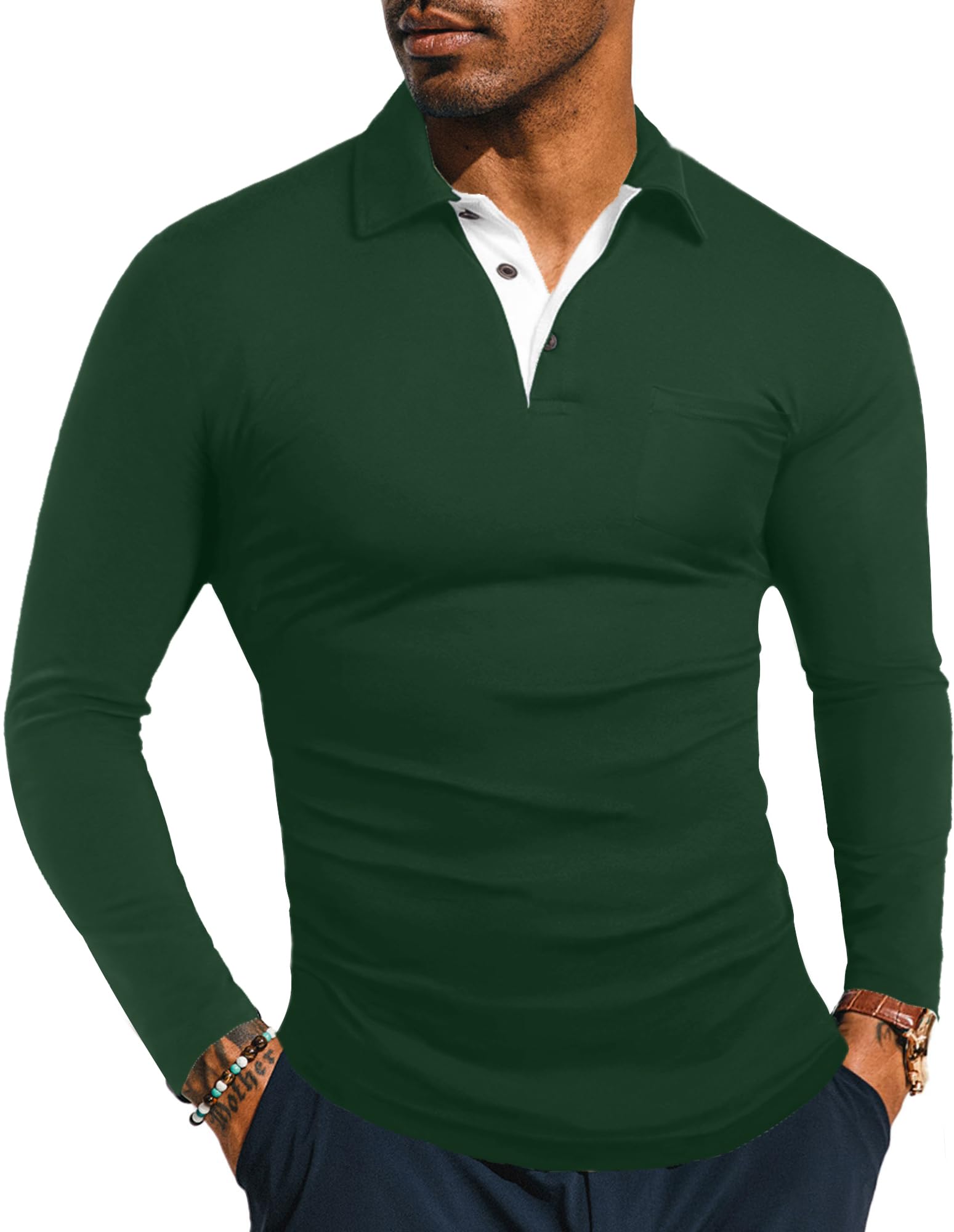 KUYIGO Men's Long Sleeve Polo Shirts Casual Slim Fit Solid Soft Button Cotton Pocket Collared Shirt