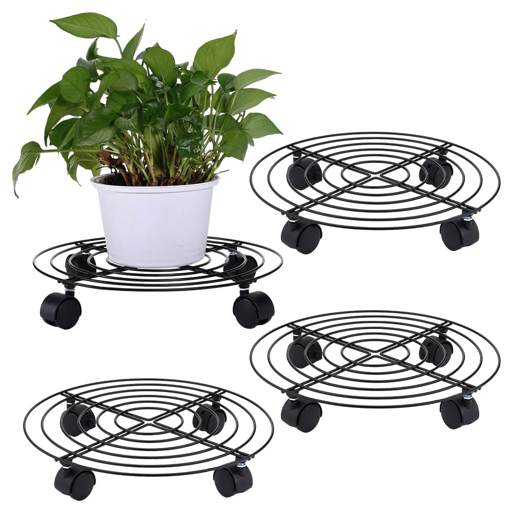 PH PandaHall 4 Pack Support à Plantes à roulettes 35cm Grand Chariot à Plantes Roulant Robuste en Fer Forgé avec Roues pour Plantes en Pot sur Terrasse Jardin Ou Balcon