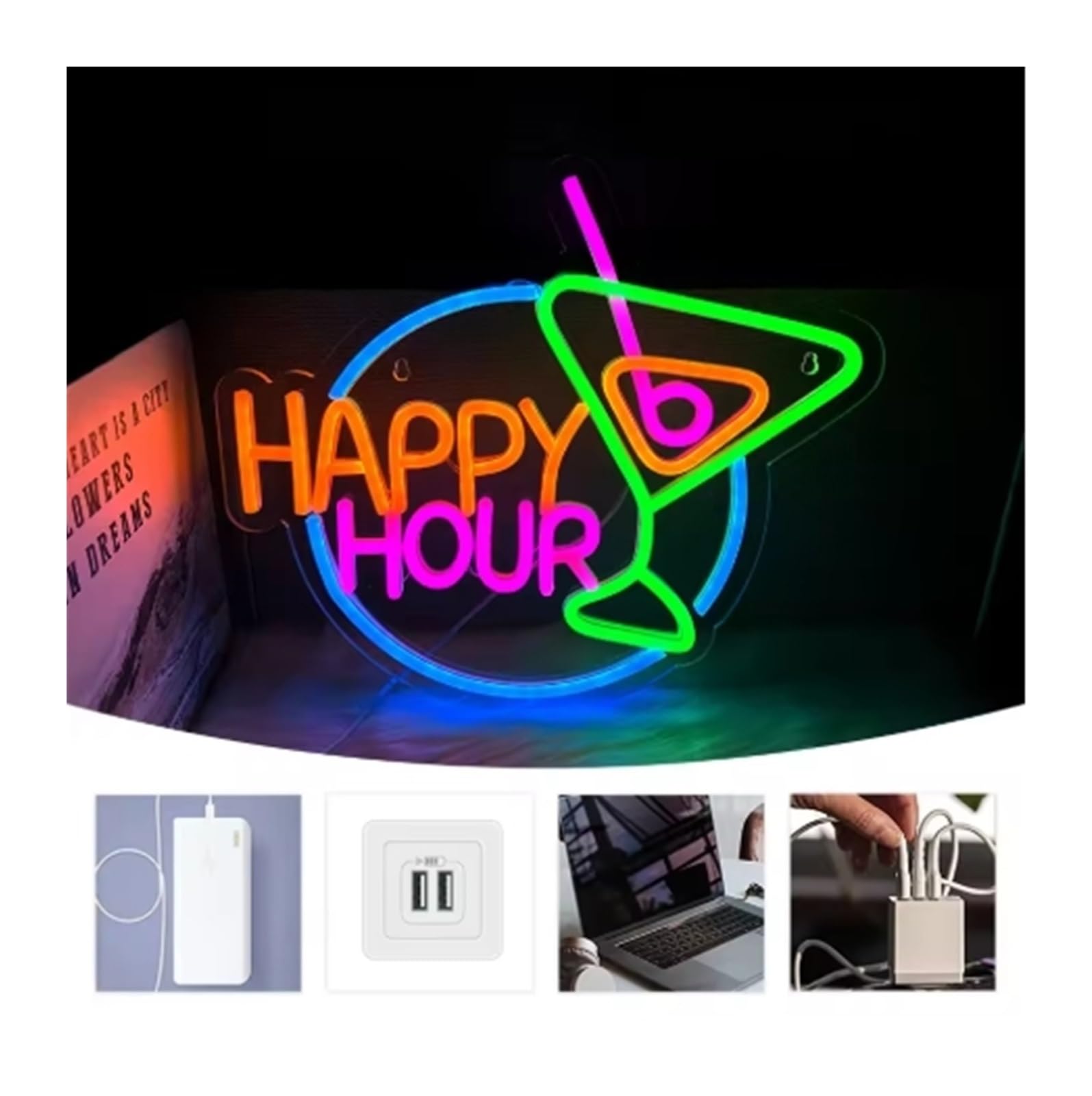 Luces de neón Letrero De Neón Happy Hour Para Bar, Club, Dormitorio, Luces Para Oficina, Hotel, Pub, Cafetería, Boda, Fiesta, Arte Decorativo De Cuevas,35cmх31cm