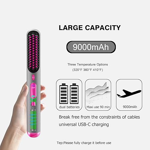 Miniatura 5 de Cepillo alisador de pelo inalámbrico, peine iónico para alisar el cabello 2023 Cepillo alisador portátil para mujeres, 9000mAh ultra largo, perfecto