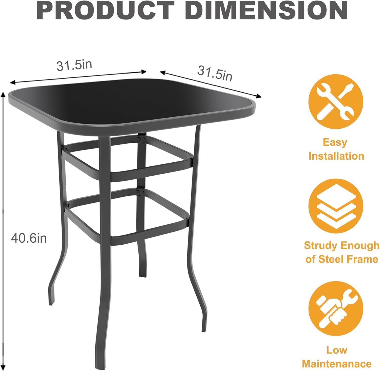 Patio Bar Height Table, Metal Frame Patio Bar Table Tempered Glass, Height High Top Outdoor Table for Backyard, Poolside and Garden