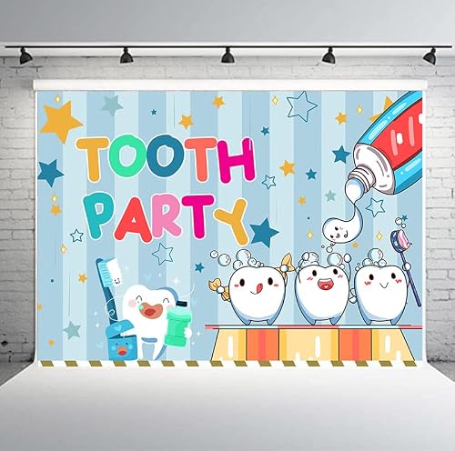 PHMOJEN Tooth Party Backdrop for Kids, Vinyl 7x5ft The First Tooth Party Photo Backdrop, Cute Milk Tooth Toothpaste Toothbrush Tooth Protection Party Decorations Photo Studio Props BJYYPH169