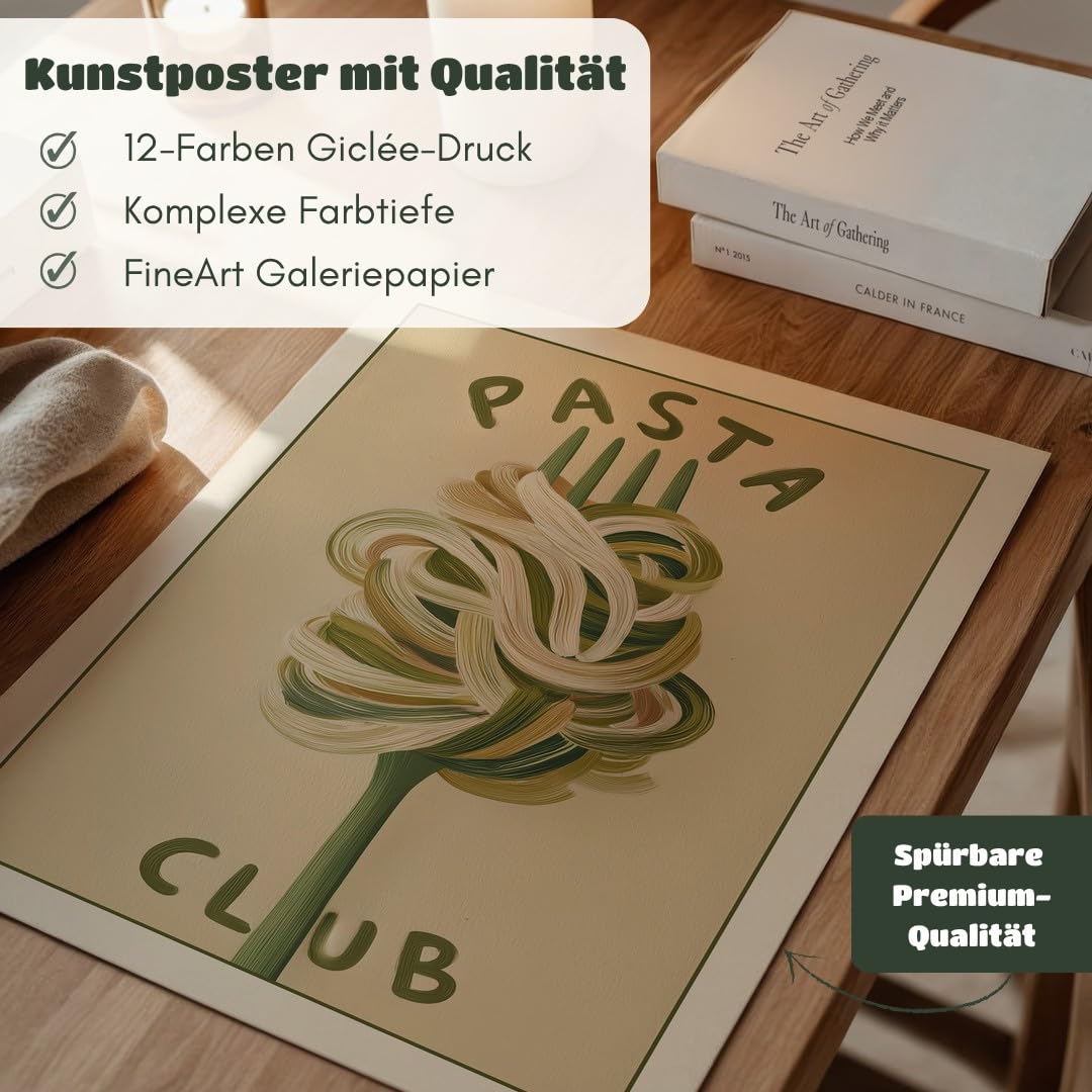 MJ-GRAPHICS® Kunstdruck Pasta Club Wandbild Illustration Fork minimalistisch warm Beige Küche Deko Poster Kunst Esszimmer Bilder Wanddeko Grafik Design A2 mit beigem Rahmen