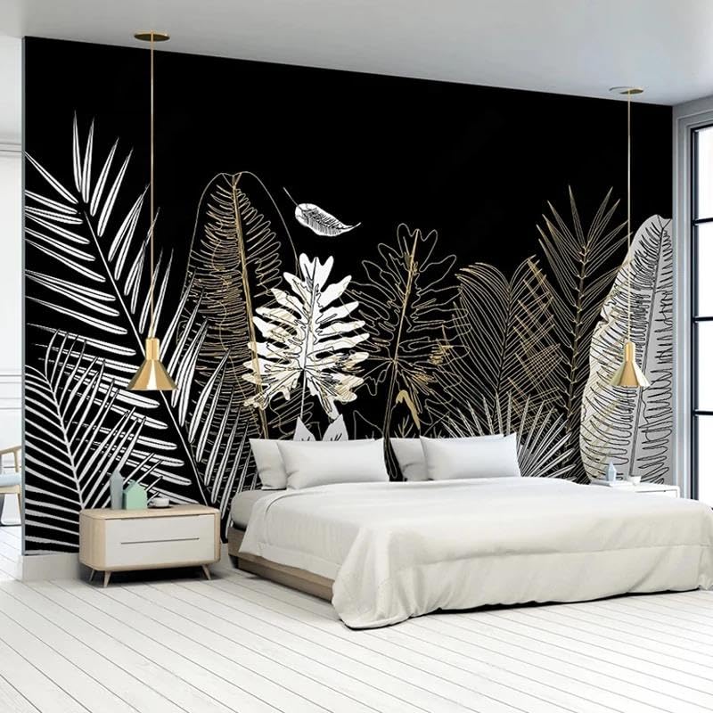 Papier peint 3D feuilles noir et blanc : rénovez vos murs sans colle en PVC