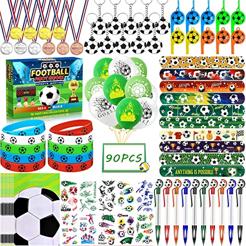 Frasheng 90 pcs Artículos de Fiesta Fútbol Cumpleaños, Piñata Futbol Regalos con Globo, Llavero, Pulsera de silicona, Silbato, Medallas, Tatuaje, Bolígrafo, Fútbol Pulsera Bofetada, Bolsas de Regalo Cover