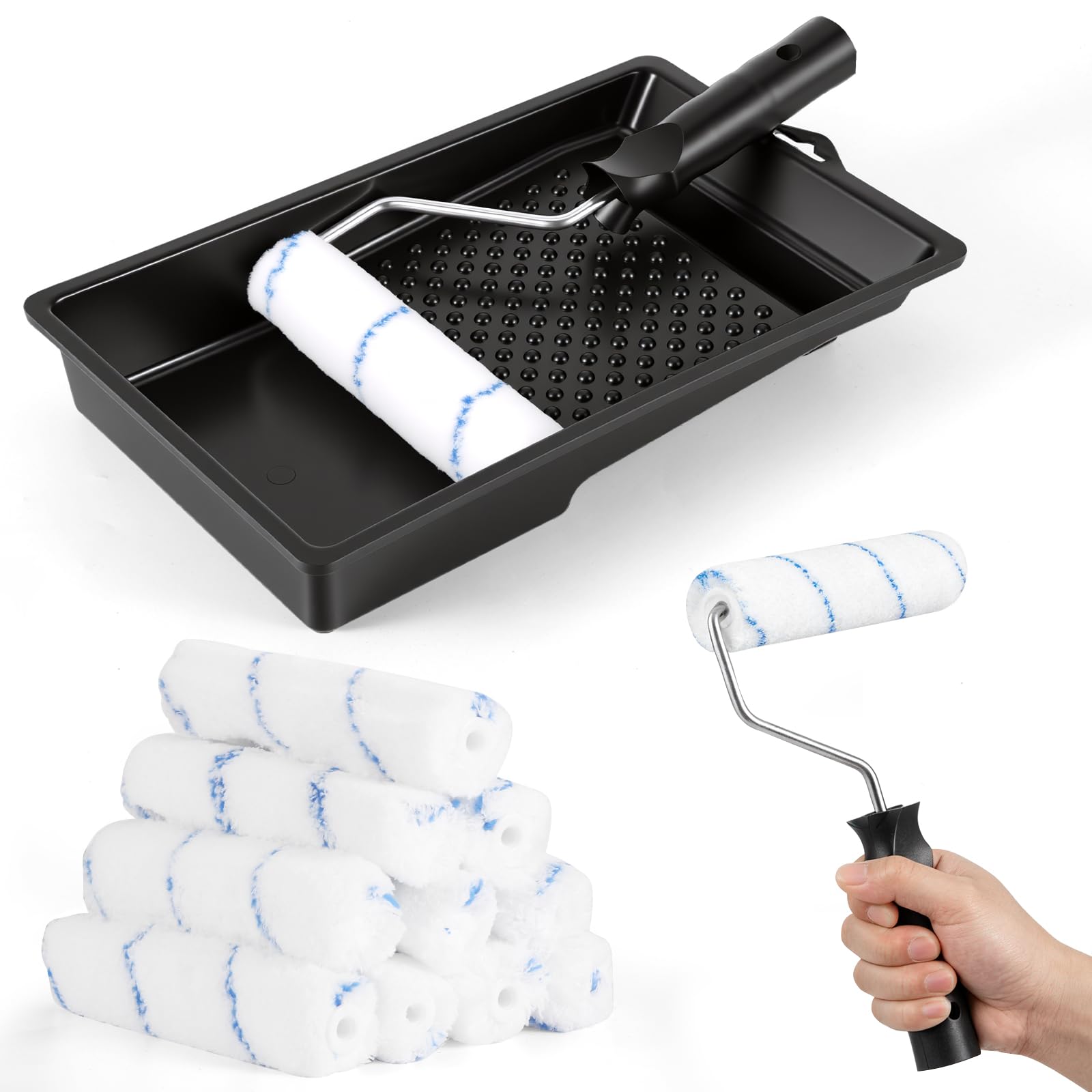 12pcs Paint Roller Set,6 Inch Paint Roller*10, Roller Sets for Painting with 6 Inch Paint Tray, High Density Foam Used with All Paints, Mini Rollers for Painting for Painting Projects of Flat
