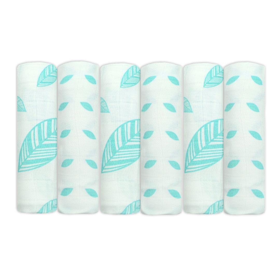 Muslinz Aqua Leaf 6Pk Luxury Bamboo-Organic Cotton Mix Muslin Squares 70X70cms - Soft Newborn Burp Cloths (Aqua Leaf)