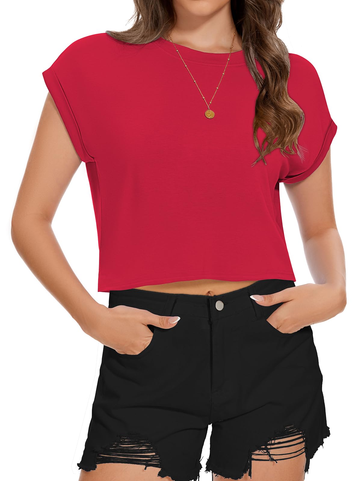 Damen Kurzarm T Shirt Sommer Lose Fit Tees Rundhalsausschnitt Causal Crop Tops