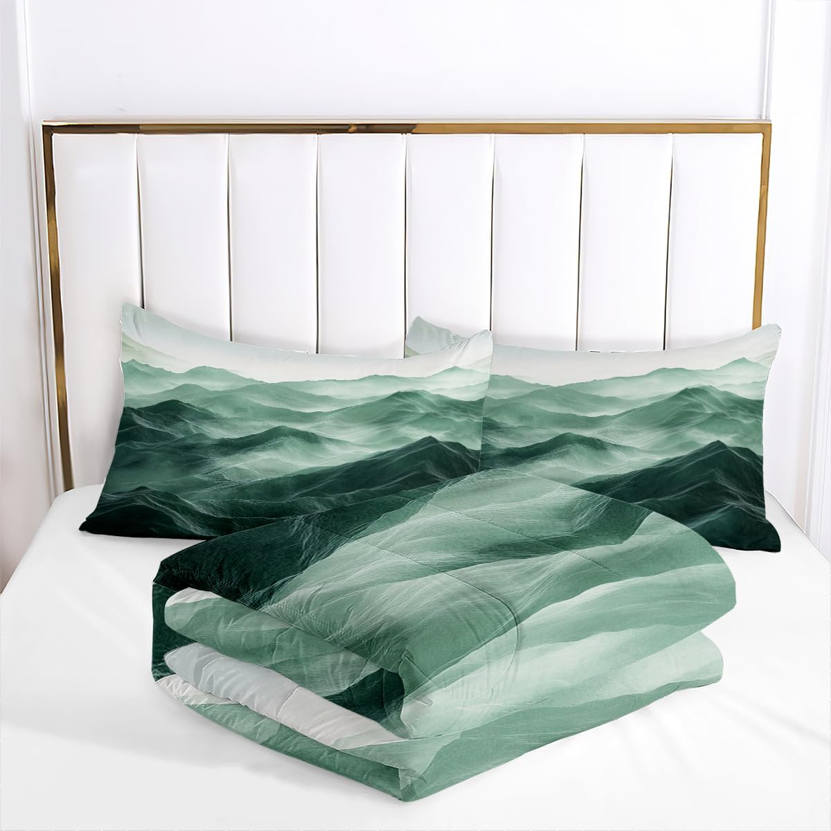 CCoutueChen Emerald Green Comforter Set Queen Size Green Mountain Bedding Set for Kids Girls Boys 3 Pieces Nature Landscape Bedding Soft Lightweight Down Comforter with 2 Pillowcases