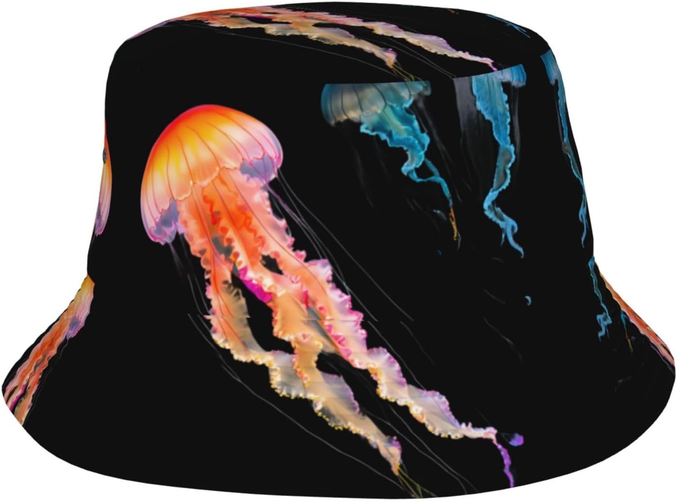 Marine Life Jellyfish Prints Summer Outdoor Travel Bucket hat, a Beach Sun hat Suitable for Both Men and Women Black