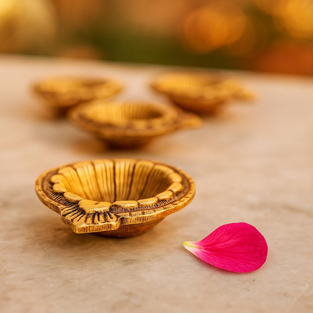 Indian Shelf Handmade Golden Pack of 2 Flower Engraved Diya Oil Lamp for Diwali Gift Decoration