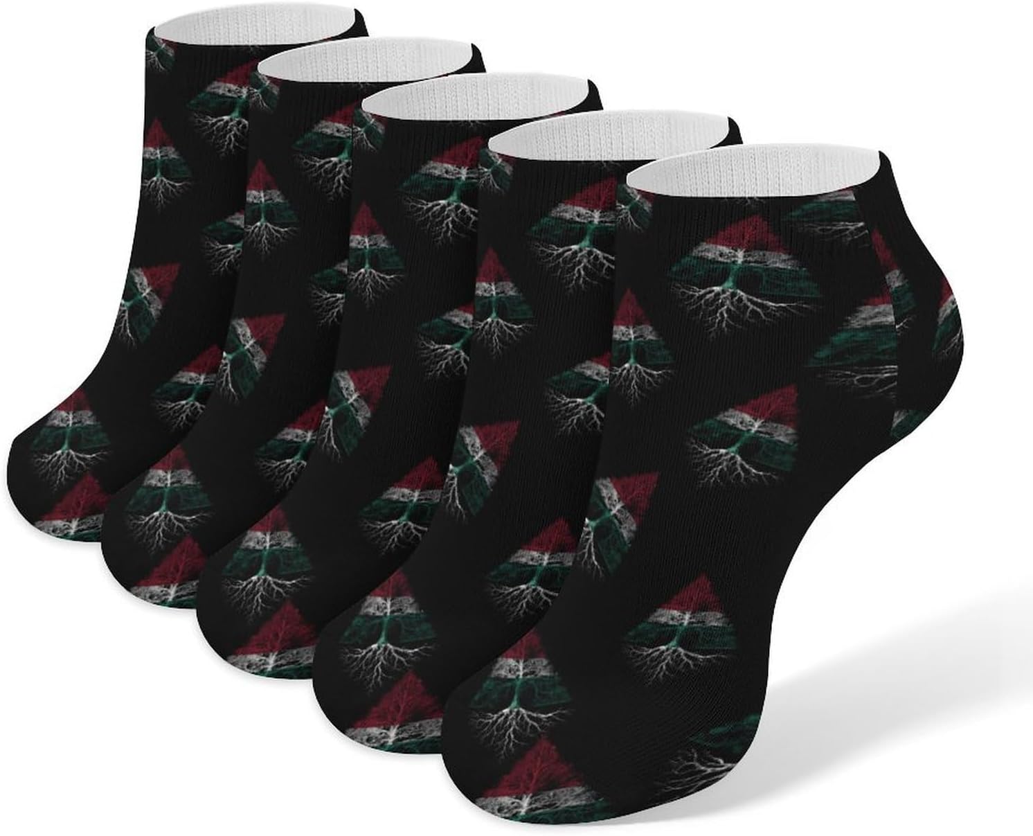 Hungarian Flag Tree Roots No Show Ankle Socks Low Cut Non Slip Flat Boat Line 5 Pairs Set