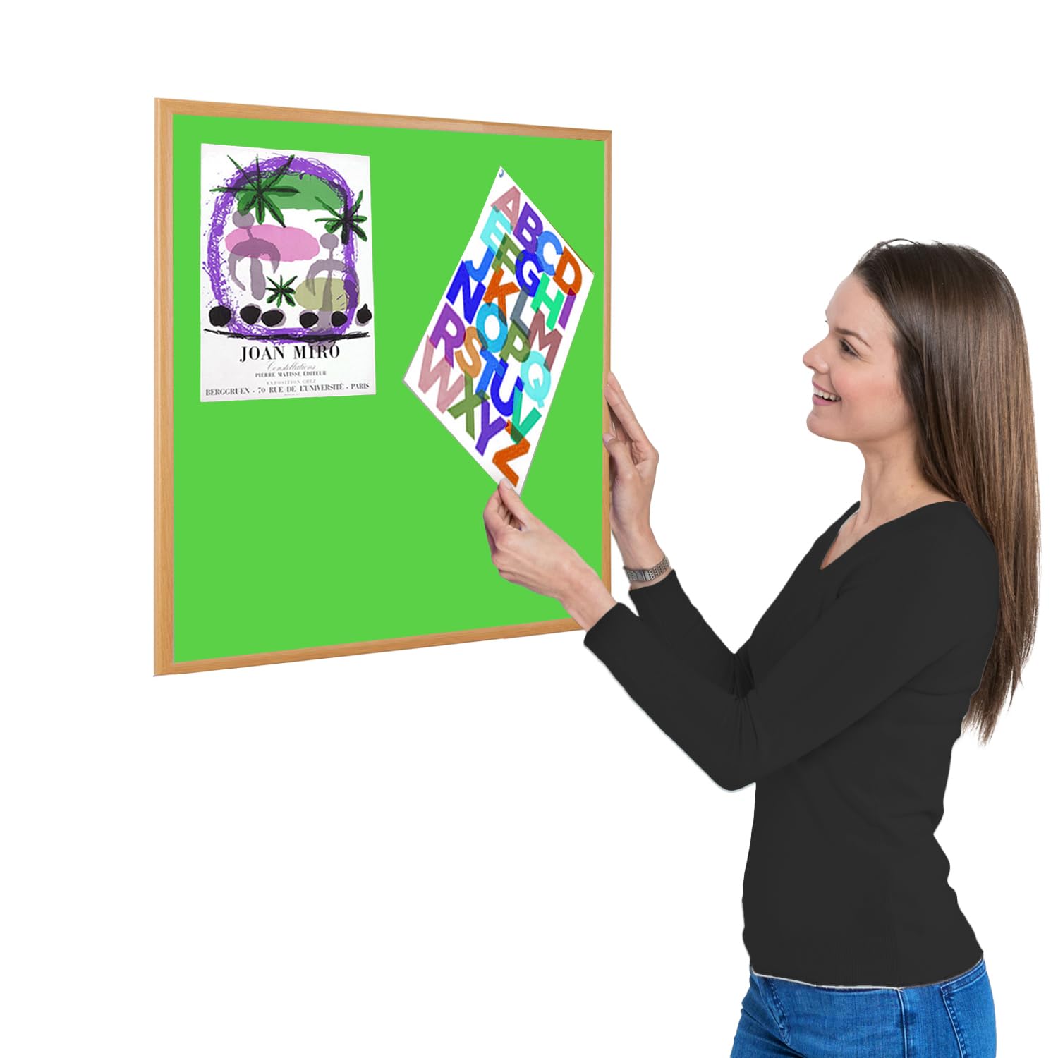 Wonderwall Small Felt Apple Green Noticeboard, 600 x 600 mm, Eco-Friendly Pinboard with Light Oak Wood Effect Frame, for Office, School, Home, Reception Areas