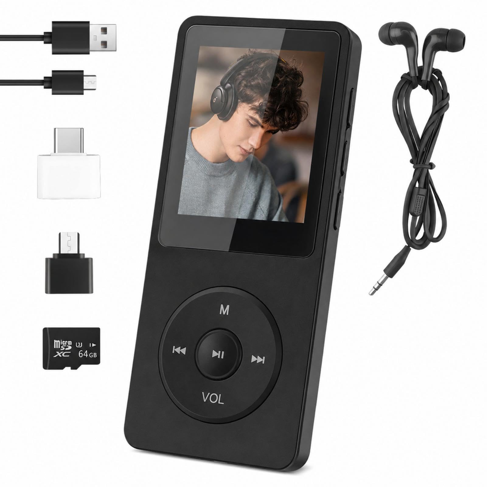 Reproductor MP3 64GB Bluetooth 5.3, MP3 Player Bluetooth con Radio FM y Altavoz, HiFi Música sin Pérdidas, Grabadora de Voz, Ebook, Soporte MicroSD 128GB, Wired Earphones and OTG Adapte