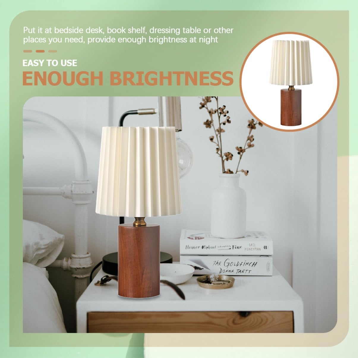 Pleated Aesthetic Desk Lamp with Wood Base Powered Nightstand Light for Bedrooms Compact Bedside Table Lamp Warm Glow for Home Hotel Use