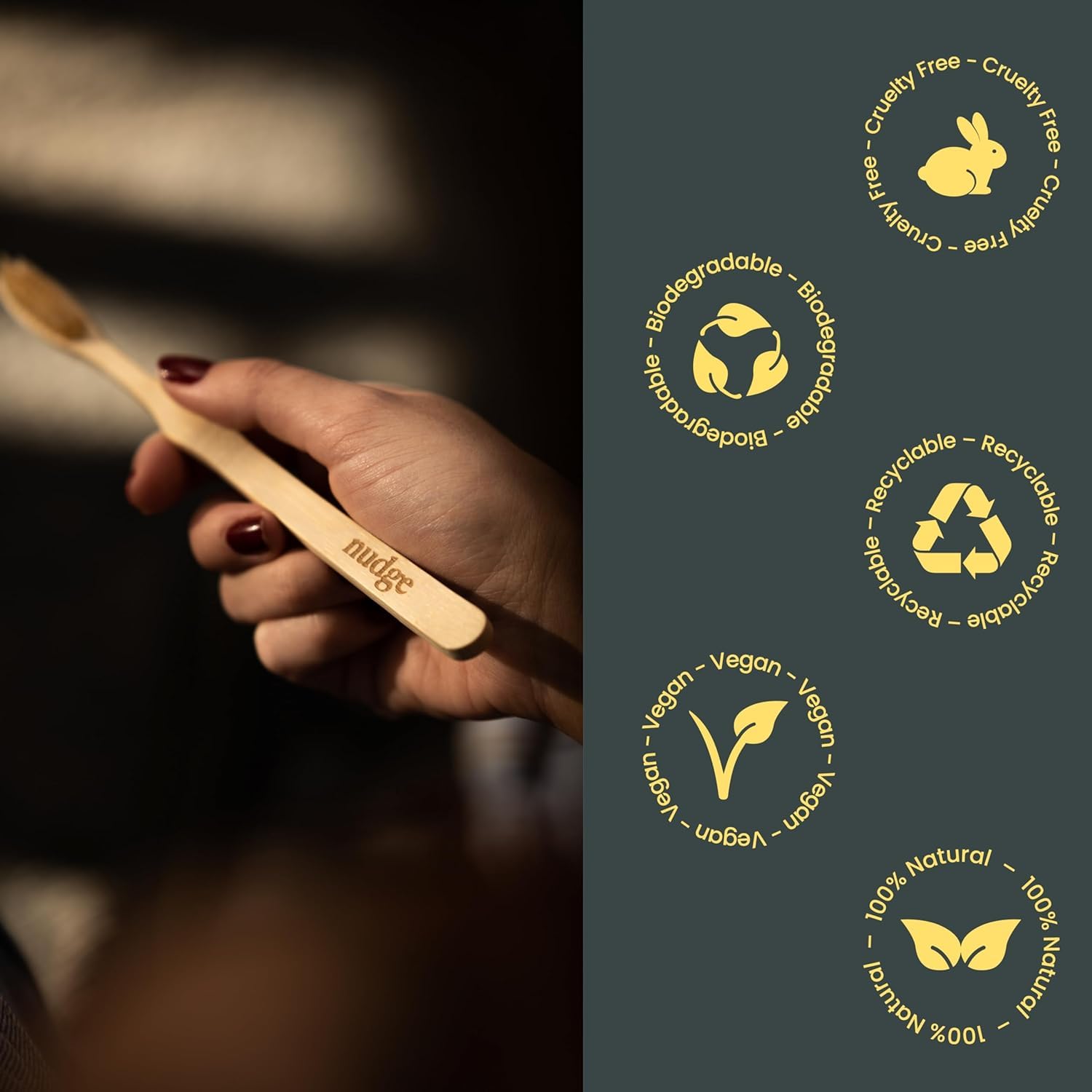Nudge - Natural Bamboo Toothbrushes with Bamboo Bristles, Soft Bristles Toothbrush, Biodegradable, Eco-Friendly, Sustainable Material, BPA Free (Pack of 4)