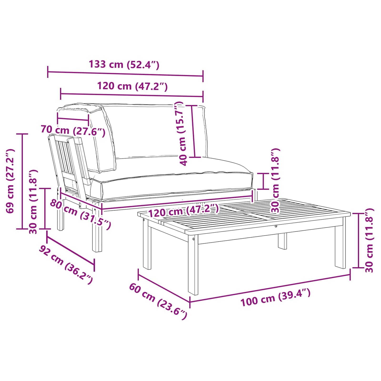 Sofa Set Anthrazit mit Kissen aus massivem Akazienholz 2-teiliges Moebelset für Garten und Terrasse mit Tisch und Outdoor-Sitzgruppe, modular, wetterfest, modernes Design