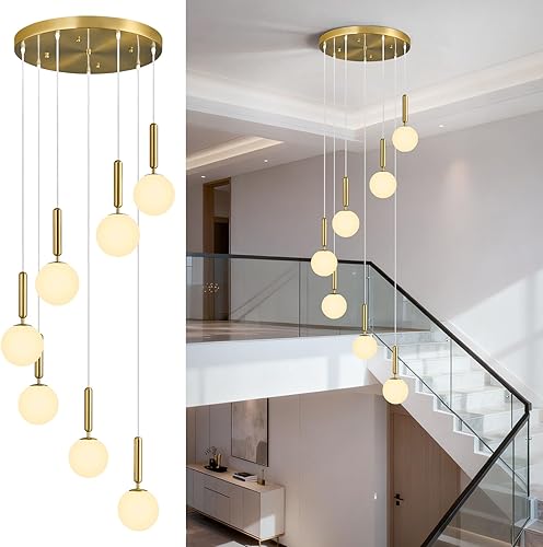 Miniatura 13 de 9-Lights Gold Chandelier with Milk White Glass Mid Century Modern Globe Pendant Light for Foyer Living Room Entryway Hallway Oro (vidrio de