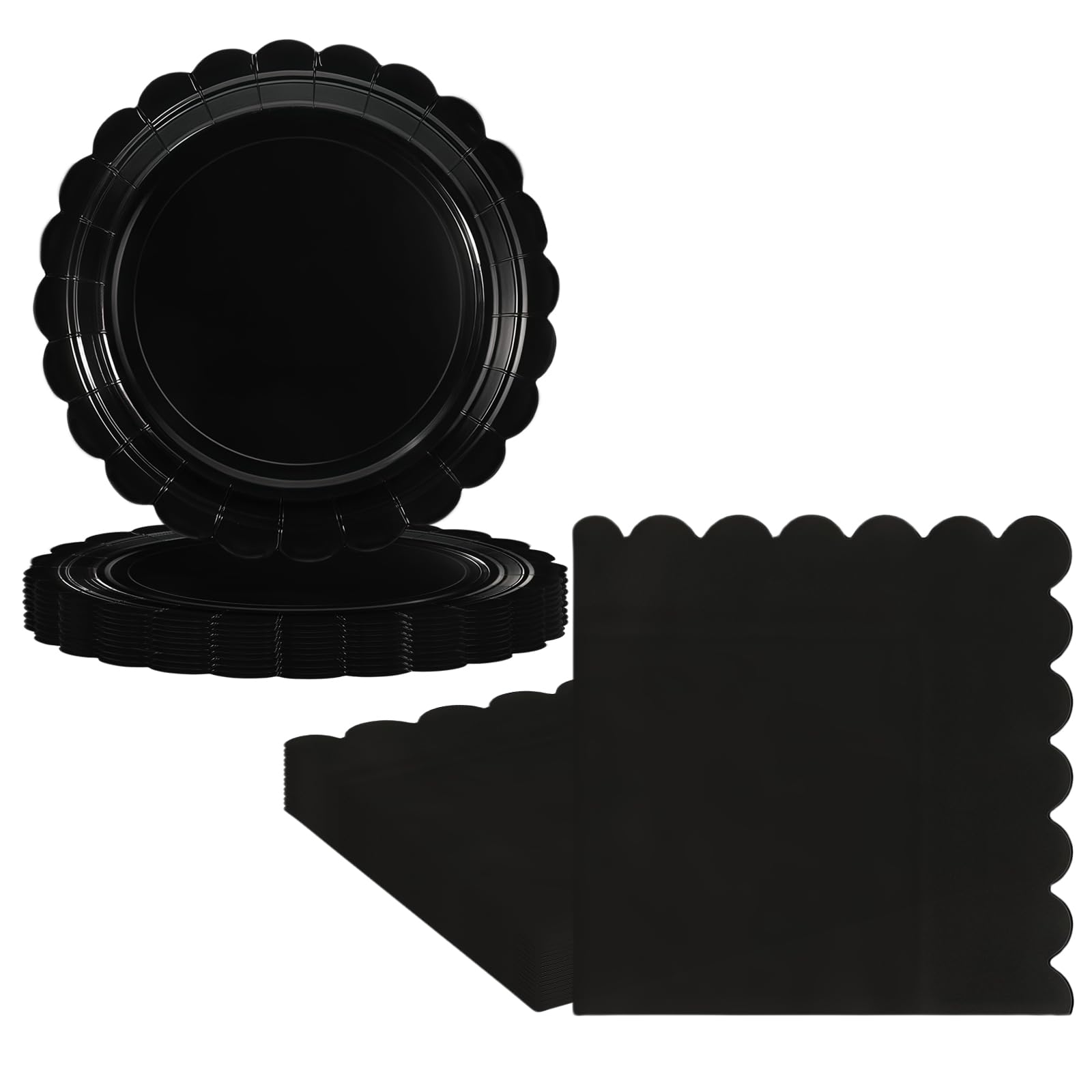 RONGZUBAT 50Pcs Black Paper Plates and Napkins Party Tableware Set,Black Scalloped Birthday Paper Dessert Cake Plates Serviettes Disposable Tableware Set for Her Him Girls Women Men Table Decorations โ image 1