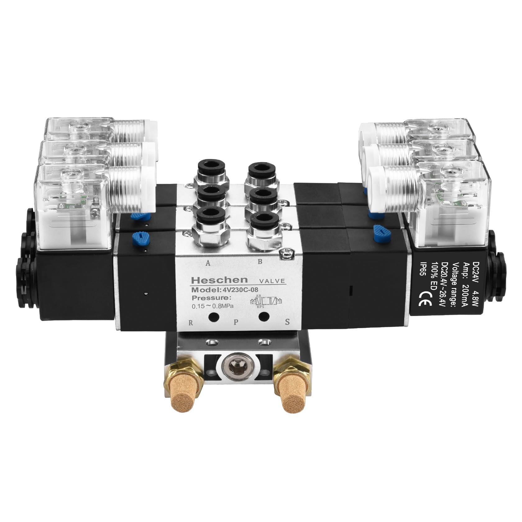 Heschen 4V230C-08 - Juego de colector de válvula solenoide triple neumática eléctrica, 24 V CC, PT 0.25 pulgadas, 5 vías, 3 posiciones centrales cerradas, kit completo con base de colector