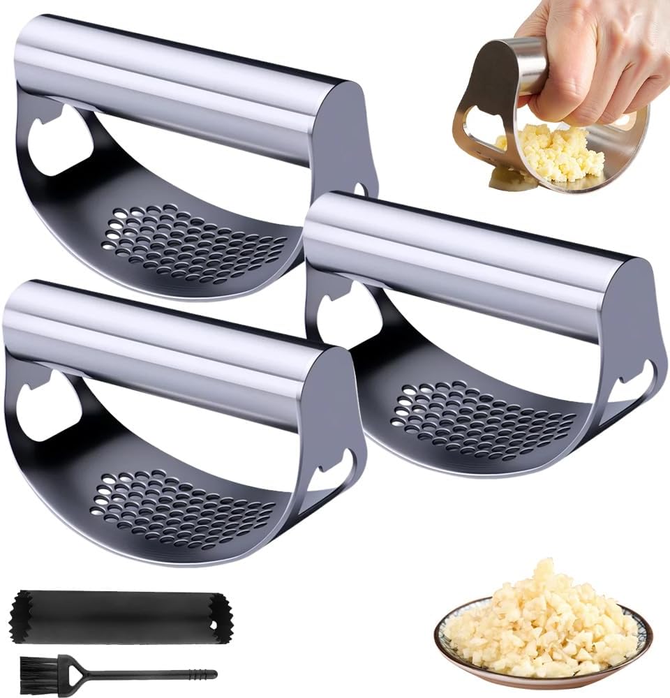 Garlic Press Rocker, Portable Manual Stainless Steel Garlic Press Rocker Crusher Masher with Garlic Peeling Drum for Home Kitchen Utensils (Silver*3)