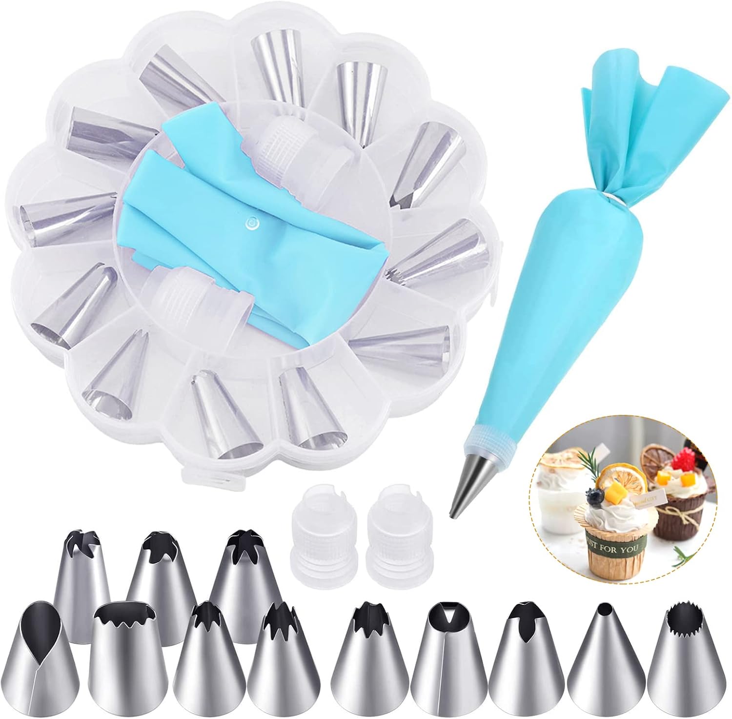 Piping Bags and nozzles Set,12 Pcs Stainless Steel Nozzles Set with 2