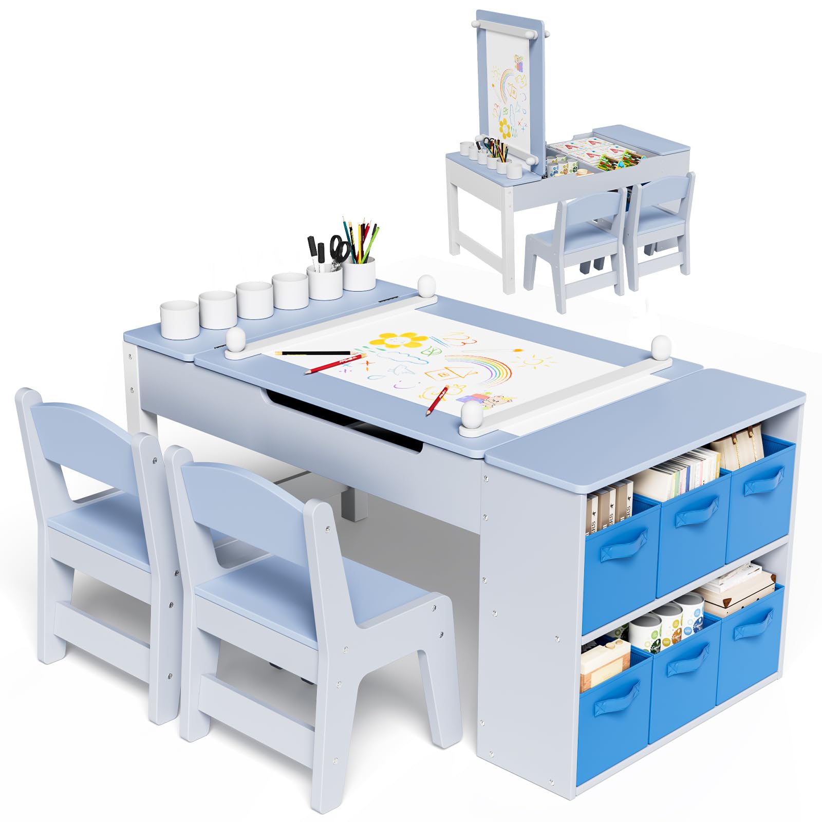 MAMIZO Table pour Enfant avec 2 Chaises, Bureau Enfant en Bois avec Rangement, Bureau avec Rangement pour Fille Garcon 3+ Ans, Table a Dessin avec Rouleau de Papier pour Jouer Dessiner (Bleu)