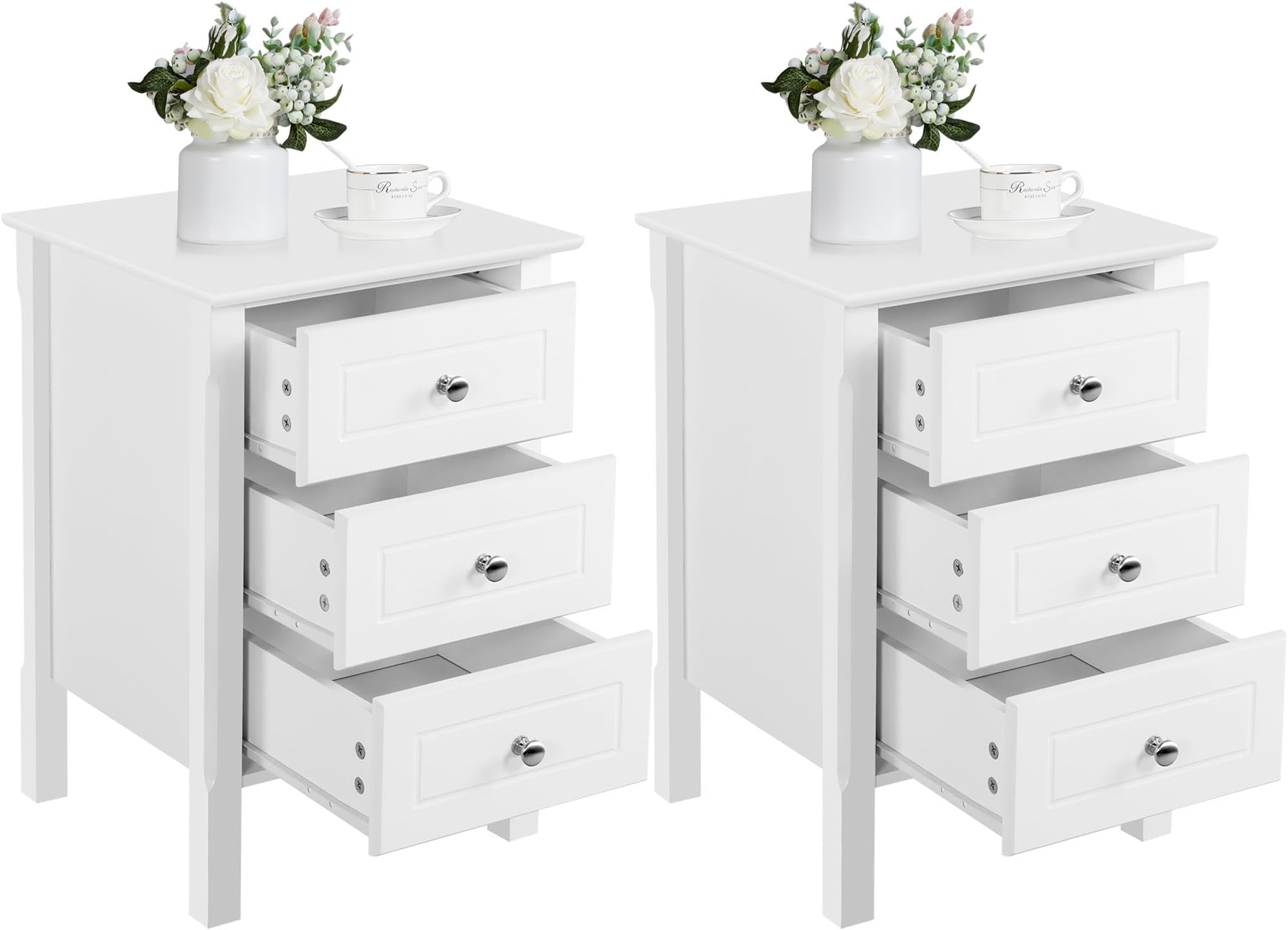 Yaheetech Bedside Table Set of 2, Bedside Cabinet with 3 Drawers and Heavy Duty Solid Pine Wood Legs, Wood Nightstand with Sturdy Structure and Metal Knobs for Bedroom, 40cmL x 40cmW x 60cmH, White