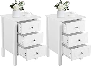 Yaheetech Bedside Table Set of 2, Bedside Cabinet with 3 Drawers and Heavy Duty Solid Pine Wood Legs, Wood Nightstand with Sturdy Structure and Metal Knobs for Bedroom, 40cmL x 40cmW x 60cmH, White